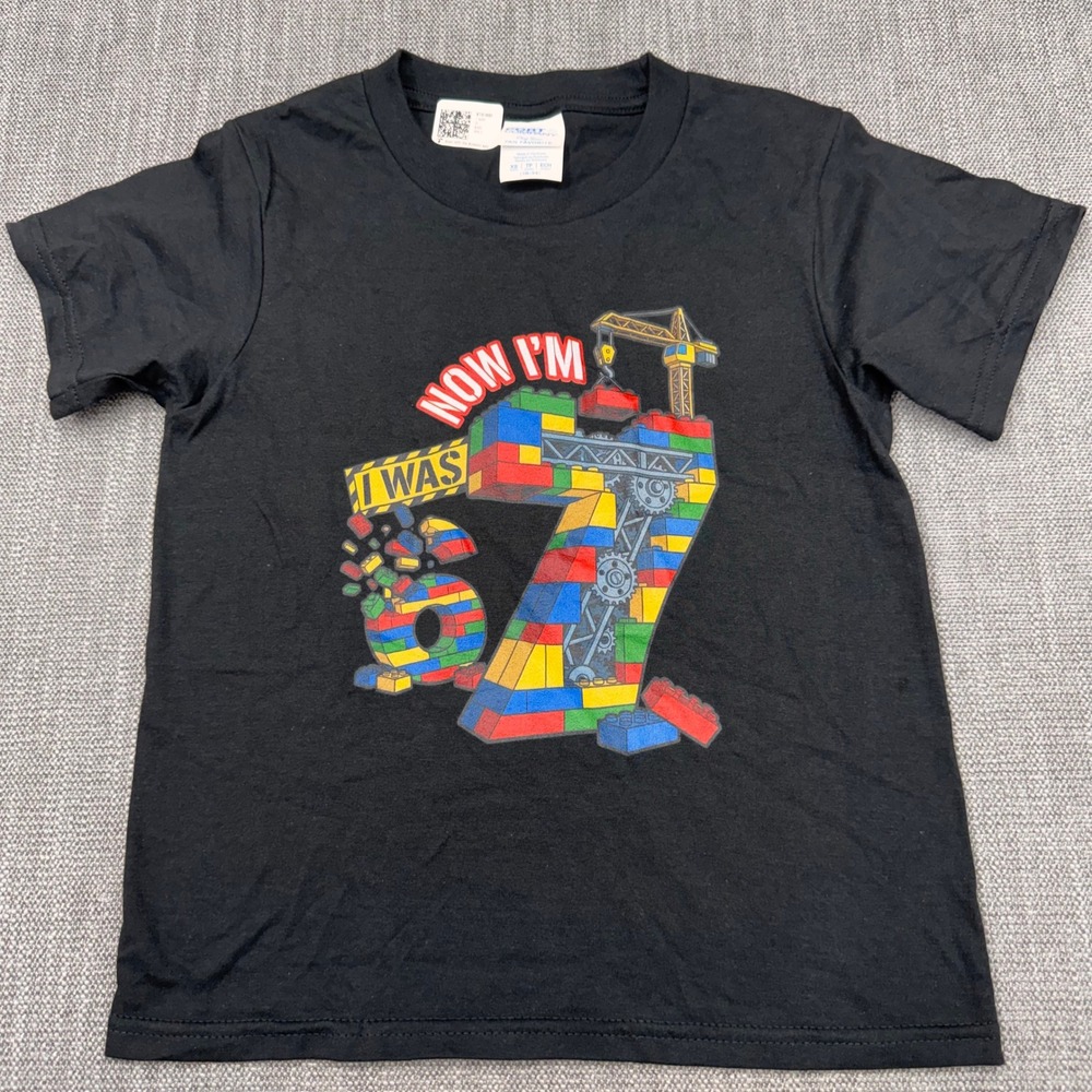 New Kids 7th Birthday Shirt Youth XS Black I Was 6 Now I'm 7 Building Blocks